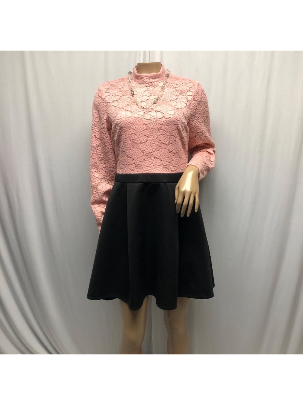 B Darlin Skater Dress Pink Lace Black Size 13-14 Long Sleeve Mock Neck Retro